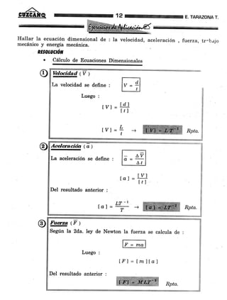 ouñe 12
Hallar la ecuación dimensional de : la
mecánico y energía mecánica.
TARAZONA T.
velocidad, aceleración , furerza, tr^bajo
RE§oruCñil
. Cálculo de Ecuaciones Dimensionales
Acelqacióa (a)
La aceleración se define :
tot =ffi
Del resultado anterior :
tar=T - ffi Rptu.
Fue.rza ( F I
Segrin la 2d,a. ley de Newton la fuerza se calcula de
Luego :
Del resultado anterior :
[fl] = lmlÍal
Velocidad (V )
La velocidad se define :
Luego :
rvr=H
I V] =
L
-t
 