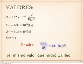 VALORES:
G = 6.67 × 10−11 m3
Kg s2
MT = 5.98 × 1014
[kg]
RT = 6.37 × 106
[m]
Cte = 1
GMT
R2
T
= 9.8 [m/s2
]
Resulta:
¡el mismo valor que midió Galileo!
lunes 30 de abril de 12
 