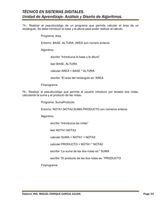 TÉCNICO EN SISTEMAS DIGITALES.
Unidad de Aprendizaje: Análisis y Diseño de Algoritmos.
74.- Realizar el pseudocódigo de un programa que permita calcular el área de un
rectángulo. Se debe introducir la base y la altura para poder realizar el cálculo.
Programa; área
Entorno: BASE, ALTURA, AREA son número enteros
Algoritmo:
escribir “Introduzca la base y la altura”
leer BASE, ALTURA
calcular AREA = BASE * ALTURA
escribir “El area del rectangulo es “AREA
Finprograma
75.- Realizar el pseudocódigo que permita al usuario introducir por teclado dos notas,
calculando la suma y el producto de las notas.
Programa: SumaProducto
Entorno: NOTA1,NOTA2,SUMA,PRODUCTO son números enteros
Algoritmo:
escribir “Introduzca las notas”
leer NOTA1,NOTA2
calcular SUMA = NOTA1 + NOTA2
calcular PRODUCTO = NOTA1 * NOTA2
escribir “La suma de las dos notas es:” SUMA
escribir “El producto de las dos notas es :”PRODUCTO
Finprograma

Elaboró: ING. MIGUEL ENRIQUE GARCIA JULIAN.

Page 33

 