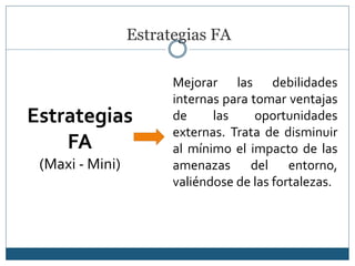 Estrategias FA
Estrategias
FA
(Maxi - Mini)
Mejorar las debilidades
internas para tomar ventajas
de las oportunidades
externas. Trata de disminuir
al mínimo el impacto de las
amenazas del entorno,
valiéndose de las fortalezas.
 