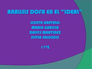 ANALISIS DOFA EN EL “IDEAL”
       LICETH AREVALO
        MARIA GARCIA
       DAILYS MARTINEZ
        SILVIA SALCEDO

            11º2
 