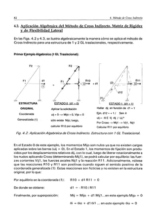 82 4. Método de Cross Indirecto
4.2. Aplicación Algebraica del Método de Cross Indirecto. Matriz de Rigidez
y de Flexibilidad Lateral
En las Figs. 4.2 y 4.3, se ilustra algebraicamente la manera cómo se aplica el método de
Cross Indirecto para una estructura de 1 y 2 GL traslacionales, respectivamente.
Primer Ejemplo Algebraico (1 GL Traslacional):
F211
/
/
F~ / d1
; - 1
m
/ .
"'" ..."
ESTRUCTURA
ORIGINAL
Coordenada
Generalizada (1)
ESTADO o Id1 - Q)
Aplicar la solicitación
uij = O--> Mijo =O, Vijo = O
sólo existe Nijo; luego,
calcular R1 Opor equilibrio
I
+ d1 I
A
(2) ~I~,,~
~~-=~-~~,
fl"d12 1"/
,/ I
l(~~ ,-&
- ESTADO 1 (d1 =1)
Hallar dij en función de d1 =1
Ejm. d12 =+ 1 / Sen e
uij = - 6 E lij dij I Lij2
Por Cross --> Mij1 --> Vij1, Nij1
Calcular R11 por equilibrio
Fig. 4.2. Aplicación Algebraica de Cross Indirecto. Estructura con 1 GL Traslacional.
En el Estado O de es.te ejemplo, los momentos Mijo son nulos ya que no existen cargas
aplicadas sobre las barras (uij == O). En el Estado 1, los momentos de fijación son produ-
cidos por los desplazamientos relativos dij, con lo cual, luego de liberar rotacionalmente a
los nudos aplicando Cross (determinando Mijl), se podrá calcular por equilibrio: las fuer-
zas cortantes Vijl, las fuerzas axiales Nijl y la reacción Rll. Adicionalmente, nótese
que las reacciones Rl0 Y Rl1 son positivas cuando siguen el sentido positivo de la
coordenada generalizada (1). Estas reacciones son ficticias y no existen en la estructura
original, por lo que:
Por equilibrio en la coordenada (1): R10 + d1 R11 = O
De donde se obtiene: dl = -Rl0/Rll
Finalmente, por superposición: Mij = Mijo + dl Mijl ...en este ejemplo Mijo = O
8i = 8io + dl 8il ... en este ejemplo 8io = O
 