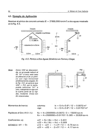 86 4. Método de Cross Indirecto
4.3. Ejemplo de Aplicación
Resolver el pórtico de concreto armado (E == 2'000,000 ton/m2
) a dos aguas mostrado
en la Fig. 4.5.
r1
2 ton/m
IIlllITIIImnTLTDJJlllill
r-
2.0m
2 ton/m
[mmrrrrnIll
(3 ~
j; d1
CD
r-', ~
f1 columna 0.4 x 0.6 m -
1 lml 11 _. 1 t~n
m U
3.0
1 lml
m
~ (2)
tLl
, " '"
5.0m 5.0m
-1-------+---------01
...,,:
5.0m
-1'------- --/Í'
Fig. 4.5. Pórtico a Dos Aguas Simétrico en Forma y Carga.
Como V32 es desconoci-
da, no se puede reducir el
GL bd!" a cero; este caso
es diferente al de un pórti-
co con viga horizontal
simétricamente cargado. En
la Fig. 4.6, se aprecia que
V32 = P/2, por lo tanto,
puede reducirse Ud!" a
cero, trabajando la viga con
la cuarta parte de su rigi-
dez, mediante Cross con
GL rotacionales.
j;P
LlIIIlIIIIIIWm
~II'"
P/2 j;
DIIIIIlJ]
,.,(2 3 ~
f J j; ~1
U G)
H(1)
~".
Momentos de Inercia: columna:
viga:
Ic == 0.4 X 0.63
/ 12 == 0.0072 m4
Iv == 0.4 X 0.83
/ 12 == 0.01707 m4
Rigideces al Giro (4 E I / L):
Coeficientes aij:
ESTADO O (dl == O):
Kc == 4 x 2000000 x 0.0072 / 3 == 19200 ton-m
Kv == 4 x 2000000 x 0.01707 / 5.385 == 25359 ton-m
a21 == Kc/(Kc + Kv) == 0.431
a23 == Kv / (Kc + Kv) == 0.569
u 12 == - u21 == - 1 X 32
/ 12 == - 0.75 ton-m
u23 == - u32 == - 2 X 52
/ 12 == - 4.17 ton-m
 