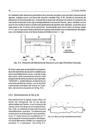 98 5.2 Sección Variables
En realidad todo elemento prismático de concreto armado cuya sección transversal se
agriete, trabaja como una barra de sección variable (Fig. 5.4), donde el momento de
inercia en la zona fisurada (Icr, incluyendo el acero de refuerzo) es menor al momento de
inercia de la sección bruta (Ig) correspondiente a la zona sin fisurar, pero, también ocurre
que en los nudos la barra cambia abruptamente de peralte (por ejemplo, el peralte de la
viga pasa a ser la altura de la columna), funcionando esa zona como un brazo rígido
(I-oc), por lo que para fines prácticos se supone que existe una compensación de rigide-
ces y se trabaja como si la barra fuese prismática (con I = Ig).
lmmmlIIIIIIillmulI~r
I  7~ I
J--
. I
U lcr1 LccccL_lcr2 --L=-=-~.l~
I = 00 Ig Ig I = 00
Icr2
Vi ··-·0
LILE"] _~ ~
Ig Icr1
SECCiÓN
TRANSVERSAL
Fig. 5.4. Variación del Momento de Inercia en una Viga Prismática Fisurada.
El único caso que se estudiará correspon-
de al de las barras de sección variable cuyo
eje es sensiblemente recto; cuando el eje
sea curvo, será conveniente recurrir a los
programas de pórticos planos (por ejemplo,
"EDIFICIO"), subdividiendo al elemento en
una serie de barras rectas, con la sección
transversal promedio del tramo en cues-
tión, tal como se muestra en la Fig. 5.5.
5.2.1. Detenninación de Kij y fij
Para determinar la rigidez al giro (Kij) yel
factor de transporte (fij) en las barras
deformables por flexión, cuyo momento de
inercia varía a lo largo de su longitud (I{x),
Fig. 5.6), se utilizará el segundo teorema
Area-Momento, que dice: "La distancia que
existe entre la prolongación de la pendien-
te en "j" hasta tocar con la elástica en "i"
(tij) es igual al momento estático del diagra-
ma Area-Momento (DAM) con respecto al
extremo "i", y viceversa". Ver la Fig. 5.7.
5
::::-----6
Fig.5.5 ..
(i)
Fig. 5.6. Barra con Eje Sensiblemente Recto
 