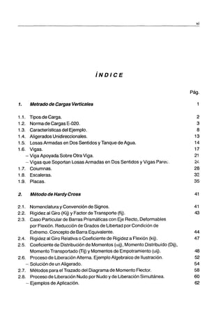 1. Metrado de Cargas Verticales
1.1 . Tipos de Carga.
1.2. Norma de Cargas E-020.
1.3. Características del Ejemplo.
1.4. Aligerados Unidireccionales.
íNDICE
1.5. Losas Armadas en Dos Sentidos y Tanque de Agua.
1.6. Vigas.
- Viga Apoyada Sobre Otra Viga.
- Vigas que Soportan Losas Armadas en Dos Sentidos y Vigas Pareti.
1.7. Coiumnas.
1.8. Escaleras.
1.9. Placas.
2. Método de HardyCross
xi
Pág.
1
2
3
8
13
14
17
21
2~,
28
32
35
41
2.1. Nomenclatura y Convención de Signos. 41
2.2. Rigidez al Giro (Kij) y Factor de Transporte (fij). 43
2.3. Caso Particular de Barras Prismáticas con Eje Recto, Deformables
por Flexión. Reducción de Grados de Libertad por Condición de
Extremo. Concepto de Barra Equivalente. 44
2.4. Rigidez al Giro Relativa o Coeficiente de Rigidez a Flexión (kij). 47
2.5. Coeficiente de Distribución de Momentos (aij), Momento Distribuído (Dij),
Momento Transportado (Tij) y Momentos de Empotramiento (uij). 48
2.6. Proceso de Liberación Alterna. Ejemplo Algebraico de Ilustración. 52
- Solución de un Aligerado. 54
2.7. Métodos para el Trazado del Diagrama de Momento Flector. 58
2.8. Proceso de Liberación Nudo por Nudo y de Liberación Simultánea. 60
- Ejemplos de Aplicación. 62
 