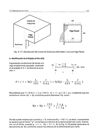 5.3 Deformacign.-,p_o_r_C_or_te
_____..._ ............... .
w2
i [¡ I ti
J.... 'L.. _'i'...._-iL..'!'J
"
Viga Pared t
w3
Ascensor
-- /
Fig. 5. 17. Distribución No Lineal de Esfuerzos Normales ( ) en una Viga Pared.
b.- Modificación de la Rigidez al Giro (Kij)
Imponiendo condiciones de borde a la
viga simplemente apoyada, analizada
en el acápite 5.3.1, se tiene en la ecua..
ción 1: (i)
A'
8 i 1= L G:Ll+fiJ'Kij'r
Kij r 3 E 1 +
L
(j)
1
L f
6EI + GAL 1
117
Recordando que: f! ( G A L l = L 9 l ( 6 El). fij = ( 1 .. 9 l / ( 2 + 9 l, y sabiendo que por
simetría en forma Kij = Kji, entonces podrá obtenerse Kij como:
Kij = Kji =
2 El
L
2 + g
1 + 2 g
Donde puede notarse que cuando 9 = O, entonces Kij = 4 E I / L; es decir, nuevamente
se aprecia que el factor "g" contempla los efectos de la deformación por corte. Asimis..
mo, en el límite, cuando 9 ~ ex: ~ Kij = E I / L. En la Fig. 5.18 puede apreciarse el
decremento de Kij conforme crecen los efectos de la deformación por corte.
 