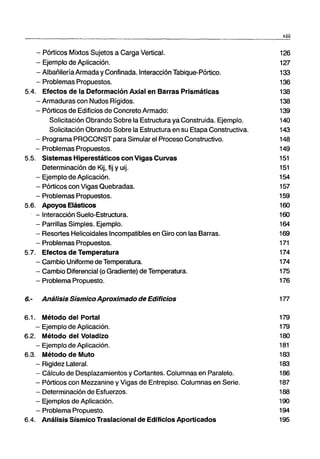 .____________________--.:.x:iii
- Pórticos Mixtos Sujetos a Carga Vertical. 126
- Ejemplo de Aplicación. 127
- Albañilería Armada y Confinada. Interacción Tabique-Pórtico. 133
- Problemas Propuestos. 136
5.4. Efectos de la Deformación Axial en Barras Prismáticas 138
- Armaduras con Nudos Rígidos. 138
- Pórticos de Edificios de Concreto Armado: 139
Solicitación Obrando Sobre la Estructura ya Construida. Ejemplo. 140
Solicitación Obrando Sobre la Estructura en su Etapa Constructiva. 143
- Programa PROCONST para Simular el Proceso Constructivo. 148
- Problemas Propuestos. 149
5.5. Sistemas Hiperestáticos con Vigas Curvas 151
Determinación de Kij, fij Yuij. 151
- Ejemplo de Aplicación. 154
- Pórticos con Vigas Quebradas. 157
- Problemas Propuestos. 159
5.6. Apoyos Elásticos 160
- Interacción Suelo-Estructura. 160
- Parrillas Simples. Ejemplo. 164
- Resortes Helicoidales Incompatibles en Giro con las Barras. 169
- Problemas Propuestos. 171
5.7. Efectos de Temperatura 174
- Cambio Uniforme de Temperatura. 174
- Cambio Diferencial (o Gradiente) de Temperatura. 175
- Problema Propuesto. 176
6.- Análisis SísmicoAproximado de Edificios
6.1 . Método del Portal
- Ejemplo de Aplicación.
6.2. Método del Voladizo
- Ejemplo de Aplicación.
6.3. Método de Muto
- Rigidez Lateral.
- Cálculo de Desplazamientos y Cortantes. Columnas en Paralelo.
- Pórticos con Mezzanine y Vigas de Entrepiso. Columnas en Serie.
- Determinación de Esfuerzos.
- Ejemplos de Aplicación.
- Problema Propuesto.
6.4. Análisis Sísmico Traslacional de Edificios Aporticados
177
179
179
180
181
183
183
186
187
188
190
194
195
 