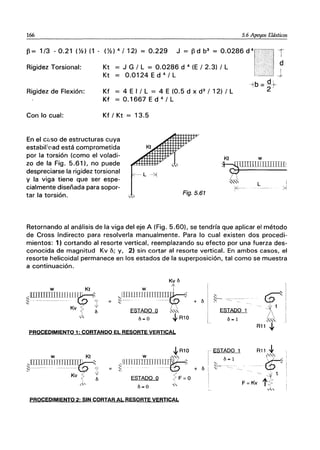 166 5.6 Apoyos Elásticos
~= 1/3 - 0.21 (l'2) (1 - (l'2) 4/12) = 0.229 J = ~d b3
= 0.0286 d
Rigidez Torsional:
Rigidez de Flexión:
Con lo cual:
Kt = J G / L = 0.0286 d 4 (E / 2.3) / L
Kt = 0.0124 E d 4 / L
Kf = 4 E I / L = 4 E (0.5 d x d3
/ 12) / L
Kf = 0.1667 E d 4 / L
Kf / Kt = 13.5
Kt
En el caso de estructuras cuya
estabil:oad está comprometida
por la torsión (como el voladi-
zo de la Fig. 5.61), no puede
despreciarse la rigidez torsional
y la viga tiene que ser espe-
cialmente diseñada para sopor-
tar la torsión.
Kt w
,'"
.,é-- L -~
"'-'
Fig.5.61
~lTIJTI]lllJ
L
,""
I-E--
L
Retornando al análisis de la viga del eje A (Fig. 5.60), se tendría que aplicar el método
de Cross Indirecto para resolverla manualmente. Para lo cual existen dos procedi-
mientos: 1) cortando al resorte vertical, reemplazando su efecto por una fuerza des-
conocida de magnitud Kv O; y, 2) sin cortar al resorte vertical. En ambos casos, el
resorte helicoidal permanece en los estados de la superposición, tal como se muestra
a continuación.
Kv 1
A
W i
~!lIII111 LItIT~~
ESTADO o ,"'"
1=0 {. R10
PROCEDIMIENTO 1: CORTANDO EL RESORTE VERTICAL
{. R10
W ,"""
~I!] J!lmTIllUflLII~~
,1 e>
/'
ESTADO o :: F =o
1=0
PROCEDIMIENTO 2: SIN CORTAR AL RESORTE VERTICAL
+ 1
+ 1
~I- ._~--::--.
ESTADO 1
1=1
r ESTADO 1
I
I
!
 