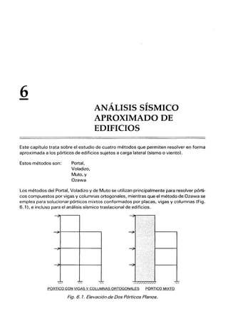 6
-
ANÁLISIS SÍSMICO
APROXIMADO DE
EDIFICIOS
Este capítulo trata sobre el estudio de cuatro métodos que permiten resolver en forma
aproximada a los pórticos de edificios sujetos a carga lateral (sismo o viento).
Estos métodos son: Portal,
Voladizo,
Muto, y
Ozawa
Los métodos del Portal. Voladizo y de Muto se utilizan principalmente para resolver pórti-
cos compuestos por vigas y columnas ortogonales, mientras que el método de Ozawa se
emplea para solucionar pórticos mixtos conformados por placas, vigas y columnas (Fig.
6.1), e incluso para el análisis sísmico traslacional de edificios.
""7 ~
-;;. -;;.
--;7 -,;.
-,;.
-- -"- -..,
," '"
-::'""'
,
PÓRTICO CON VIGAS Y COLUMNAS ORTOGONALES PÓRTICO MIXTO
Fig. 6.1. Elevación de Dos Pórticos Planos.
 