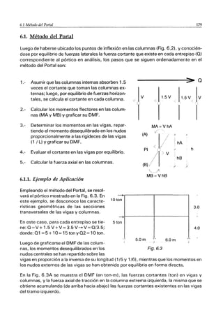 6.1 Método del Portal __________________._____._179
6.1. Método del Portal
Luego de haberse ubicado los puntos de inflexión en las columnas (Fig. 6.2), Yconocién-
dose por equilibrio de fuerzas laterales la fuerza cortante que existe en cada entrepiso (O)
correspondiente al pórtico en análisis, los pasos que se siguen ordenadamente en el
método del Portal son:
1.- Asumir que las columnas internas absorben 1.5
veces el cortante que toman las columnas ex-
ternas; luego, por equilibrio de fuerzas horizon-
tales, se calcula el cortante en cada columna.
> Q
2.- Calcular los momentos flectores en las colum-
nas (MA y MB) Y graficar su DMF.
3.- Determinar los momentos en las vigas, repar-
tiendo el momento desequilibrado en los nudos
proporcionalmente a las rigideces de las vigas
(1 / L) Y graficar su DMF.
4.- Evaluar el cortante en las vigas por equilibrio.
5.- Calcular la fuerza axial en las columnas.
6.1.1. Ejemplo de Aplicación
Iv "J1.5V
, 1)
r
MA=VhA
(A)
/l/
PI
... I
lv
(B)//I
"-._,;1
MB = VhB
1.5 V
", .,
.le ~(
hA
/
hB
/ J
Empleando el método del Portal, se resol-
verá el pórtico mostrado en la Fig. 6.3. En
este ejemplo, se desconoce las caracte-
rísticas geométricas de las secciones
transversales de las vigas y columnas.
~.---------.------------,
En este caso, para cada entrepiso se tie-
ne: O=V + 1.5 V+V=3.5 V~V=0/3.5;
donde: 01 = 5 + 10= 15 ton y 02 = 10 ton.
Luego de graficarse el DMF de las colum-
nas, los momentos desequilibrados en los
nudos centrales se han repartido sobre las
10 ton
~~---------+------------~
5 ton
5.0m 6.0m
Fig.6.3
< Iv
' "
h
3.0
4.0
vigas en proporción a la inversa de su longitud (1/5 Y 1/6), mientras que los momentos en
los nudos externos de las vigas se han obtenido por equilibrio en forma directa.
En la Fig. 6.3A se muestra el DMF (en ton-m). las fuerzas cortantes (ton) en vigas y
columnas, y la fuerza axial de tracción en la columna extrema izquierda, la misma que se
obtiene acumulando (de arriba hacia abajo) las fuerzas cortantes existentes en las vigas
del tramo izquierdo.
 