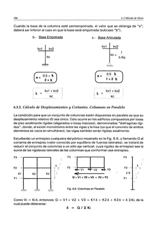 186 6.3 Método de Muto
Cuando la base de la columna esté semiempotrada, el valor que se obtenga de "a",
deberá ser inferior al caso en que la base esté empotrada (subcaso "b").
b.- Base Empotrada
~
le
.,""
kv1 + kv2
.!s. :::
kc
c.- Base Articulada
kv1 kv2
h Ko
kv1 + kv2
k = ----
- ke
6.3.2. Cálculo de Desplazamientos y Cortantes. Columnas en Paralelo
La condición para que un conjunto de columnas estén dispuestas en paralelo es que su
desplazamiento relativo (M sea único. Esto ocurre en los edificios compuestos por losas
de piso axialmente rígidas (aligerados o losas macizas), denominadas "diafragmas rígi-
dos", donde, al existir monolitismo entre las vigas y la losa (ya que el concreto de ambos
elementos se vacia en simultáneo). las vigas también serán rígidas axialmente.
Estudiando un entrepiso cualquiera del pórtico mostrado en la Fig. 6.6, y llamando Q al
cortante de entrepiso (valor conocido por equilibrio de fuerzas laterales), se tratará de
reducir el conjunto de columnas a un sólo eje vertical, cuya rigidez de entrepiso sea la
suma de las rigideces laterales de las columnas que conforman ese entrepiso.
F3 ---7>
F2 ---7
K1
F1 ---7
:.,"
K2 K3
/
_'-.'""" ~~
I
fl
/
11
! /
J
F3
-IV1 l~ l~
F3 .
fl
F2
'(1'
<" ~K , /
" '
Q=V1 +V2+V3 = F2+F3 F1 I
/
Fig, 6.6, Columnas en Paralelo.
Como Vi = Ki6, entonces: Q = Vl + V2 + V3 = K16 + K26 + K36 = 6 ~Ki, de la
cual puede obtenerse:
6 = Q / 1: Ki
 
