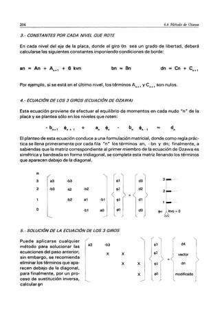 204 6.6 Método de Ozawa
3.- CONSTANTES POR CADA NIVEL QUE ROTE
En cada nivel del eje de la placa, donde el giro en sea un grado de libertad, deberá
calcularse las siguientes constantes imponiendo condiciones de borde:
an = An + An+1 + 6 kvn bn = Bn di"l = Cn + Cn + 1
Por ejemplo, si se está en el último nivel, los términos An+l y Cn
+
1
son nulos.
4.- ECUACIÓN DE LOS 3 GIROS (ECUACIÓN DE OZAWA)
Esta ecuación proviene de efectuar el equilibrio de momentos en cada nudo Un" de la
placa y se plantea sólo en los niveles que roten:
=
El planteo de esta ecuación conduce a una formulación matricial, donde como regla prác-
tica se llena primeramente por cada fila un" los términos an, - bn y dn; finalmente, a
sabiendas que la matriz correspondiente al primer miembro de la ecuación de Ozawa es
simétrica y bandeada en forma tridiagonal, se completa esta matriz llenando los términos
que aparecen debajo de la diagonal.
n
~
r~3
-b3
3 a3
2 -b3 a2 -b2
~ ~2
o
-b2 a1 -b1
1:
-b1 aO
l
5.- SOLUCIÓN DE LA ECUACIÓN DE LOS 3 GIROS
Puede aplicarse cualquier
método para solucionar las
ecuaciones del paso anterior;
sin embargo, se recomienda
eliminar los términos que apa-
recen debajo de la diagonal,
para finalmente, por un pro-
ceso de sustitución inversa,
calcular <In
a3 -b3
x
"-
d3 I
3
1
-
I
d2 ~ 2~--
d'J .:1:=0
dO
,"
d4
x vector
x x dn
x modificado
 