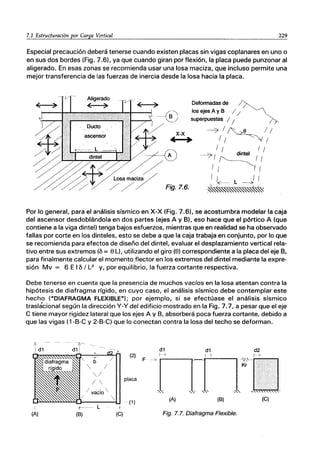 7.1 Estructuración por Carga Vertical 229
Especial precaución deberá tenerse cuando existen placas sin vigas coplanares en uno o
en sus dos bordes (Fig. 7.6), ya que cuando giran por flexión, la placa puede punzonar al
aligerado. En esas zonas se recomienda usar una losa maciza, que incluso permite una
mejor transferencia de las fuerzas de inercia desde la losa hacia la placa.
Deformadas de /~
losejesAyB / /
superpuestas / /
X-X ---7 / /~_ / /
, ) 1/ -~I
/ / I /
---7/ I~ ((
11 'tI
Losa
/ /
I I-E-- L ___) I
Fíg. 7.6. ~.,,,,"""~""~"",,.,,~
Por lo general, para el análisis sísmico en X-X (Fig. 7.6), se acostumbra modelar la caja
del ascensor desdoblándola en dos partes (ejes A y B), eso hace que el pórtico A (que
contiene a la viga dintel) tenga bajos esfuerzos, mientras que en realidad se ha observado
fallas por corte en los dinteles, esto se debe a que la caja trabaja en conjunto, por lo que
se recomienda para efectos de diseño del dintel, evaluar el desplazamiento vertical rela-
tivo entre sus extremos (6 = e L), utilizando el giro (e) correspondiente a la placa del eje B,
para finalmente calcular el momento flector en los extremos del dintel mediante la expre-
sión Mv = 6 E 16/ L2 y, por equilibrio, la fuerza cortante respectiva.
Debe tenerse en cuenta que la presencia de muchos vacíos en la losa atentan contra la
hipótesis de diafragma rígido, en cuyo caso, el análisis sísmico debe contemplar este
hecho ("DIAFRAGMA FLEXIBLEn
); por ejemplo, si se efectúase el análisis sísmico
traslacional según la dirección y-y del edificio mostrado en la Fig. 7.7, a pesar que el eje
C tiene mayor rigidez lateral que los ejes A y B, absorberá poca fuerza cortante, debido a
que las vigas (1-B-C y 2-B-C) que lo conectan contra la losa del techo se deforman.
I
(A)
/ vacío 

t----- L f
(B) (C)
(2)
placa
-- (1)
F
(A) (B) (C)
Fig. 7.7. Diafragma Flexible.
 