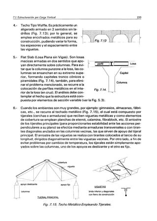 7.1 Estructuración pO~-,C:::.a,,-,rg,,-,a:....:..Ve:::.r-,ti,,-,ca-,I_______________________..:2=3..:.3
4.- Techo Tipo Waffle. Es prácticamente un
aligerado armado en 2 sentidos sin la-
drillos (Fig. 7.13); por lo general, se
emplea encofrados metálicos para su
construcción, pudiendo variar la forma,
los espesores y el espaciamiento entre
las viguetas.
5.- Flat Slab (Losa Plana sin Vigas). Son losas
macizas armadas en dos sentidos que apo- ~
yan directamente sobre columnas. Para evi- r_ perfil
tar que la columna punzone a la losa, las co-
lumnas se ensanchan en su extremo supe-
rior, formando capiteles tronco cónicos o
piramidales (Fig. 7.14), también, para elimi-
nar el problema mencionado, se recurre a la
colocación de perfiles metálicos en el inte- C' 7 14
'-/g. . .
rior de la losa (en cruz). El análisis debe con-
templar el hecho que la estructura está com-
puesta por elementos de sección variable (ver la Fig. 5.3).
!I...
! __..1 Losa
6.- Cuando los ambientes son muy grandes, por ejemplo: gimnasios, almacenes, fábri-
cas, etc., se recurre al techado metálico (Fig. 7.15), el cual está compuesto por
tijerales (cerchas o armaduras) que reciben viguetas metálicas y como elementos
de cobertura se emplean planchas de eternit, calamina, fibrablock, etc. El arriostre
de los tijerales principales (para proporcionarles estabilidad ante las acciones per-
pendiculares a su plano) se efectúa mediante armaduras transversales o con tiran-
tes diagonales anclados en las columnas vecinas, las que sirven de apoyo del tijeral
principal. El arriostre de las viguetas se realiza con tirantes colocados al tercio de su
longitud, dirigidos diagonalmente entre las viguetas vecinas. Por otro lado, a fin de
evitar problemas por cambios de temperatura, los tijerales están simplemente apo-
yados sobre las columnas, uno de los apoyos es deslizante y el otro es fijo.
columna
TIJERAL PRINCIPAL
VIGUETAS
brida inferior y diagonales
con fierro de construcción
Fig. 7. 15. Techo Metálico Empleando Tijerales.
 