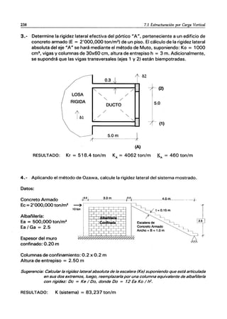 238 7.1 Estructuración por Carga Vertical
3.- Determine la rigidez lateral efectiva del pórtico "A", perteneciente a un edificio de
concreto armado (E = 2'000,000 ton/m2
) de un piso. El cálculo de la rigidez lateral
absoluta del eje 11A" se hará mediante el método de Muto, suponiendo: Ko = 1000
cm3
, vigas y columnas de 30x60 cm, altura de entrepiso h = 3 m. Adicionalmente,
se supondrá que las vigas transversales (ejes 1 y 2) están biempotradas.
LOSA
RIGIDA
/
/
5.0m
(A)
~2
(2)
5.0
(1)
RESULTADO: Kr = 518.4 ton/m KA = 4062 ton/m KA = 460 ton/m
4.- Aplicando el método de Ozawa, calcule la rigidez lateral del sistema mostrado.
Datos:
Concreto Armado ~~_3=.0"-,m,,,---- t2f 4.0m
Ec =2'000,000 ton/m2
~
,-~~~~---~~-.
10 ton
Albañilería:
I-
L
I__-¿ t =0.15 m
J1 I--L
I-
L
Escalera de 1._
Ea = 500,000 ton/m2
Ea/Ga = 2.5
Espesor del muro
confinado: 0.20 m
Concreto Armado
~L~~~~§2§J-:- Ancho =B =1.0 m
~""""""""""""""""""""""""""""~
Columnas de confinamiento: 0.2 x 0.2 m
Altura de entrepiso = 2.50 m
---+
,'"
Sugerencia: Calcular la rigidez lateral absoluta de la escalera (KeJ suponiendo que está articulada
en sus dos extremos, luego, reemplazarla por una columna equivalente de albañilería
con rigidez: Dc = Ke / Do, donde Do = 12 Ea Ko / ti.
RESULTADO: K (sistema) = 83,237 ton/m
 