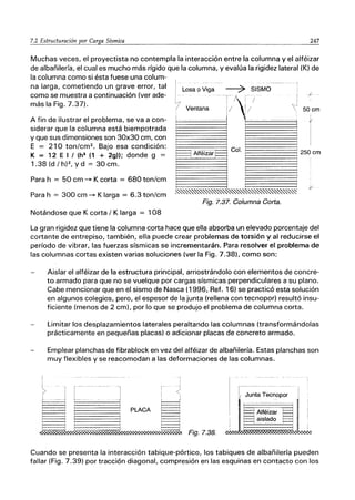 7.2 Estructuración~~Il!~_Sís1!:.!..c:.a.
________________________ ..__ 242:
Muchas veces, el proyectista no contempla la interacción entre la columna y el alféizar
de albañilería, el cual es mucho más rígido que la columna, y evalúa la rigidez lateral (K) de
la columna como si ésta fuese una colum-
na larga, cometiendo un grave error, tal
como se muestra a continuación (ver ade-
más la Fig. 7.37).
A fin de ilustrar el problema, se va a con-
siderar que la columna está biempotrada
y que sus dimensiones son 30x30 cm, con
E = 210 ton/cm2. Bajo esa condición:
K = 12 E I I (h3
(1 + 2g)); donde g =
1.38 (d / h)2, Y d = 30 cm.
Para h = 50 cm -;. K corta = 680 ton/cm
Para h = 300 cm -;. K larga = 6.3 ton/cm
Notándose que K corta / K larga = 108
Losa o Viga ------7 SISMO
T,! /
Ventana ____ i / ~ /
I
i
I
/
1 50 cm
-
] 2500m
!
i Iy
~"',,~~~~ ~""'~~~~~~~
Fig. 7.37. Columna Corta.
La gran rigidez que tiene la columna corta hace que ella absorba un elevado porcentaje del
cortante de entrepiso, también, ella puede crear problemas de torsión yal reducirse el
período de vibrar, las fuerzas sísmicas se incrementarán. Para resolver el protÑema de
las columnas cortas existen varias soluciones (ver la Fig. 7.38), como son:
I
Aislar el alféizar de la estructura principal, arriostrándolo con elementos de concre-
to armado para que no se vuelque por cargas sísmicas perpendiculares a su plano.
Cabe mencionar que en el sismo de Nasca (1996, Ref. 16) se practicó esta solución
en algunos colegios, pero, el espesor de la junta (rellena con tecnopor) resultó insu-
ficiente (menos de 2 cm), por lo que se produjo el problema de columna corta.
Limitar los desplazamientos laterales peraltando las columnas (transformándolas
prácticamente en pequeñas placas) o adicionar placas de concreto armado.
Emplear planchas de fibrablock en vez del alféizar de albañilería. Estas planchas son
muy flexibles y se reacomodan a las deformaciones de las columnas.
~ "1
b§
r-- -- --
I
1
1
-- ------------ -- -- i
Junta Tecnopor
~- -- ~
PLACA
Fig.7.38.
Cuando se presenta la interacción tabique-pórtico, los tabiques de albañilería pueden
fallar (Fig. 7.39) por tracción diagonal, compresión en las esquinas en contacto con los
 