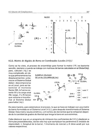 267
8.2.2. Matriz de Rigidez de Barra en Coordenadas Locales [ k'ij 1
Como se ha visto, el proceso de ensamblaje para formar la matriz [ R ] es bastante
sencillo, siempre y cuando se trabaje con matrices de barras calculadas en el Globar [kijI;
pero, calcular [ kij J es
muy complicado, en vis-
ta que primeramente los
desplazamientos unita-
rios en el Sistema Global
deben descomponerse
en el Local, para así de-
terminar el momento
flector (M), la fuerza cor-
tante (V) y la carga axial
(N); luego, V y N tienen
que volverse a transfor-
mar al Sistema Global
para hallar [ kij J.
GLOBAL
Vij
ü) > (i) k54 t
Vji. Nji ff'~
Mji:"'<~ k64 k44
LOCAL
/'  ) GLOBAL
/~/  M-1
Y'Yi-
.,/ z' X
Nij///
EJEMPLO: CÁLCULO
DE LA 4ta. COLUMNA PE ( kii 1
k24 t (i)
k34 ff'"'t;4 Mij
k14 ~
k24 nudo IIjll
,
k34
{ki4} =
k44
(global)
k54 nudo 'TI
k64
De esta manera, para sistematizar el proceso, lo que se hace es trabajar con una matriz
de barra formulada en el Sistema Local [ k'ij L para después transformarla al Sistema
Global. Esta matriz resulta simétrica, y el número de elementos que la componen depen-
de de la cantidad de grados de libertad que tenga la barra en sus extremos.
Cabe destacar que en un programa de cómputo los coeficientes de [ k'ij ] obedecen a
fórmulas preestablecidas, donde sólo hay que reemplazar los parámetros E (módulo de
elasticidad), L (longitud de la barra), I (momento de inercia) y A (área axial) por sus
valores respectivos.
 