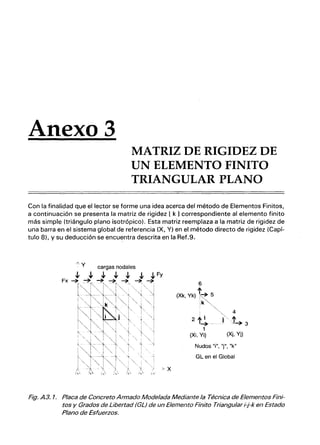 Anexo 3
MATRIZ DE RIGIDEZ DE
UN ELEMENTO FINITO
TRIANGULAR PLANO
Con la finalidad que el lector se forme una idea acerca del método de Elementos Finitos,
a continuación se presenta la matriz de rigidez [ k 1correspondiente al elemento finito
más simple (triángulo plano isotrópico). Esta matriz reemplaza a la matriz de rigidez de
una barra en el sistema global de referencia (X, Y) en el método directo de rigidez (Capí-
tulo 8), y su deducción se encuentra descrita en la Ref.9.
GL en el Global
Fig. A3. 1. Placa de Concreto Armado Modelada Mediante la Técnica de Elementos Fini-
tos y Grados de Libertad (GL) de un Elemento Finito Triangular i-j-k en Estado
Plano de Esfuerzos.
 