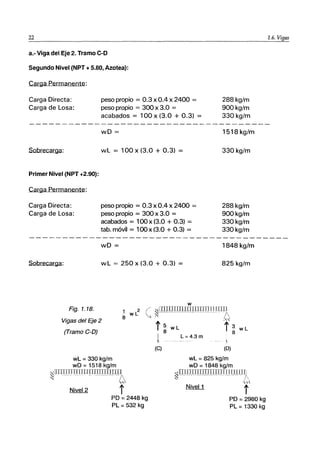 22
a.- Viga del Eje 2. Tramo e-o
Segundo Nivel (NPT + 5.80, Azotea):
Carga Permanente:
Carga Directa:
Carga de Losa:
Sobrecarga:
Primer Nivel (NPT +2.90):
Carga Permanente:
Carga Directa:
Carga de Losa:
Sobrecarga:
peso propio = 0.3 x 0.4 x 2400 =
peso propio = 300 x 3.0 =
acabados = 100 x (3.0 + 0.3) =
wD =
wL = 100 x (3.0 + 0.3) =
peso propio = 0.3 x 0.4 x 2400 =
peso propio = 300 x 3.0 =
acabados = 100x (3.0 + 0.3) =
tab. móvil = 100x (3.0 + 0.3) =
wD =
wL = 250 x (3.0 + 0.3) =
w
288 kg/m
900 kg/m
330 kg/m
1518 kg/m
330 kg/m
288 kg/m
900kg/m
330kg/m
330kg/m
1848 kg/m
825 kg/m
Fig. 1.18.
Vigas del Eje 2
(Tramo e-D)
e~mpnIIIllJ);IIJI1JUJJ~~
wL= 330 kg/m
wO = 1518 kg/m
,[lTIJITlT [JI]nmrnrWJl
~--- -- --------
~,
Nivel 2 i
PO =2448 kg
PL = 532 kg
i ~ wL
8
i 3 wL
8
i L =4.3 m
(C) (O)
wL= 825 kg/m
wO = 1848 kg/m
:-t~IrlIITIITIIJJpJ]JlIJlITI]
~ ~
L_'!.
'"
i
PO =2980 kg
PL = 1330 kg
1.6. Vigas
 