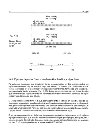 24
Fig. 1.19.
Cargas Sobre
las Vigas del
ejeD.
wL = 95 kg/m
wO =982 kg/m
PO = 2448 kg
PL = 532 kg
~
n 11 LlIITnn I I LlUnIII1lJ:J rTrnrrllIJTrIllUrrnH:
y
I
(1 )
(30 X 60 cm)
wL = 238 kg/m
wO = 1345 kg/m
PO = 2980 kg
PL = 1330 kg
~
[J1J1llTIJTlTLI IlITLIIllITI IJJ] lJT1TlTIIl In [1mJl
(30 x60 cm)
(30 x 60) (30 x 60)
3.30 m
····_·--f 3.30 m
f
(2) (3)
1.6.2. Vigas que Soportan Losas Armadas en Dos Sentidos y Vigas Pared
1.6. Vigas
Para obtener las cargas que provienen de las losas armadas en dos sentidos sobre las
vigas que las soportan, se aplica la regla del "sobre", la misma que consiste en trazar
rectas inclinadas a 45° desde los vértices de cada ambiente, formando una especie de
sobre en la planta del ambiente (Fig. 1.20). Estas rectas representan las líneas de falla
que tendría la losa (agrietamiento del concreto) cuando se encuentra sometida a cargas
excesivas ortogonales a su plano.
El techo de la escalera (NPT + 8.30), correspondiente al edificio en estudio, ha sido es-
tructurado a propósito (con fines ilustrativos) empleando una losa armada en dos senti-
dos, puesto que pudo haberse utilizado una solución más económica, por ejemplo: un
aligerado unidireccional. Parte de esa losa es soportada por unas vigas de gran peralte
("vigas pared"), constituidas por las caras laterales del tanque de agua.
A las cargas que provienen de la losa (peso propio, acabados, sobrecarga, etc.), deberá
agregarse las cargas que actúan directamente en las vigas (peso propio, tabiques, etc.)
y como ejemplo de metrado de cargas para estas vigas, se ha seleccionado las vigas de
los ejes By 3, correspondientes al tercer nivel (NPT +8.30).
 
