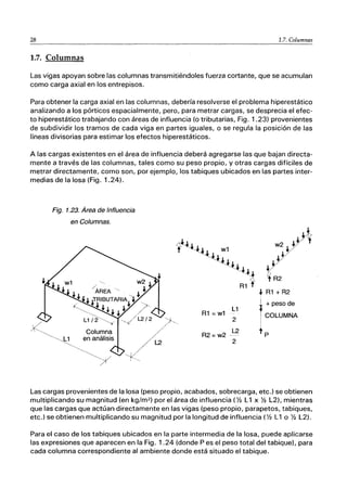 28 1.7. Columnas
1.7. Columnas
Las vigas apoyan sobre las columnas transmitiéndoles fuerza cortante, que se acumulan
como carga axial en los entrepisos.
Para obtener la carga axial en las columnas, debería resolverse el problema hiperestático
analizando a los pórticos espacialmente, pero, para metrar cargas, se desprecia el efec-
to hiperestático trabajando con áreas de influencia (o tributarias, Fig. 1.23) provenientes
de subdividir los tramos de cada viga en partes iguales, o se regula la posición de las
líneas divisorias para estimar los efectos hiperestáticos.
A las cargas existentes en el área de influencia deberá agregarse las que bajan directa-
mente a través de las columnas, tales como su peso propio, y otras cargas difíciles de
metrar directamente, como son, por ejemplo, los tabiques ubicados en las partes inter-
medias de la losa (Fig. 1.24).
Fig. 1.23. Área de Influencia
en Columnas.
L1
R1 =w1
2
R2 = w2 _L2
2
~
~ t
w2 ~ ~
~~
~~
~R2
~ R1 + R2
1
1 + peso de
COLUMNA
t p
Las cargas provenientes de la losa (peso propio, acabados, sobrecarga, etc.) se obtienen
multiplicando su magnitud (en kg/m2) por el área de influencia (% L1 x % L2), mientras
que las cargas que actúan directamente en las vigas (peso propio, parapetos, tabiques,
etc.) se obtienen multiplicando su magnitud por la longitud de influencia (% L1 o % L2).
Para el caso de los tabiques ubicados en la parte intermedia de la losa, puede aplicarse
las expresiones que aparecen en la Fig. 1.24 (donde P es el peso total del tabique), para
cada columna correspondiente al ambiente donde está situado el tabique.
 
