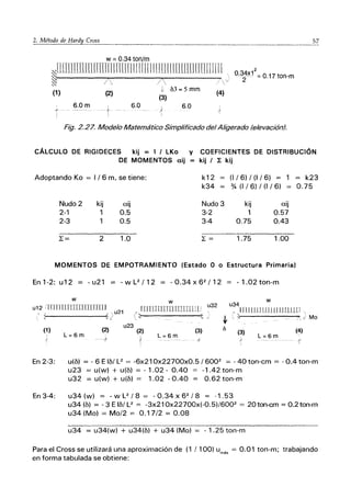 w == 0.34 ton/m
~lliIlllllllllall~~IllIlnIllIlllll~!,1I1lI[[[lllmllll~I:
1 ó3 = 5 mm
(3)
2
0.:3
1
)(1 = 0.17 ton-m
(1) (2) (4)
*
,
f- -
6.0m I
- - --.1::_
i
6.0 6.0
Fig. 2.27. Modelo Matemático Simplificado del Aligerado (elevación).
CÁLCULO DE RIGIDECES kij = I I LKo y COEFICIENTES DE DISTRIBUCiÓN
DE MOMENTOS aij = kij I l: kij
Adoptando Ko = I / 6 m, se tiene: k12 (1/6) / (1 j 6) 1 = k23
k34 % (1 j 6) j (1 j 6) 0.75
Nudo 2 kij aij Nudo 3 kij aij
2-1 1 0.5 3-2 1 0.57
2-3 0.5 3-4 0.75 0.43
L= 2 1.0 L= 1.75 1.00
MOMENTOS DE EMPOTRAMIENTO (Estado O o Estructura Primaria)
En 1-2: u12 = -u21 = -wL2j12 = -0.34x62
j12 = -1.02ton-m
w w u34
w
u12 ;rrnTIJnnnrmlllU
~, ," , ,u21
! IlTUUITTI lULULll! u32
C~ ~ ~
1I IHLllllLJ lJ U IILLLl ,
,~-------+t el ~ 7, J Mo
(1)
,
~
L=6m
(2)
...~,f'
u23
(2)
r L=6m
(3) (3)
}
L=6m
En 2-3: u(o) = -6 E10/ L2 = -6x21 Ox22700xO.5 /6002 = -40 ton-cm = -0.4 ton-m
u23 = u(w) + u(o) = - 1.02 - 0.40 = -1.42 ton-m
u32 = u(w) + u(o) = 1.02 - 0.40 = 0.62 ton-m
En 3-4: u34(w) = -WL2/8= -0.34x62 /8 = -1.53
u34 (o) = - 3 E 10/ L2 = -3x210x22700x(-0.5)/6002 = 20ton-cm = 0.2 ton-m
u34 (Mo) = Mo/2 = 0.17/2 = 0.08
u34 = u34(w) + u34(0) + u34 (Mo) = - 1.25 ton-m
Para el Cross se utilizará una aproximación de (1 /100) umáx
= 0.01 ton-m; trabajando
en forma tabulada se obtiene:
 