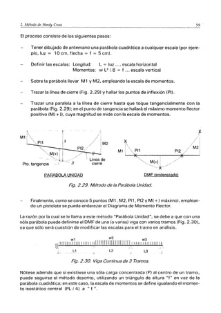 59
._---------------
El proceso consiste de los siguientes pasos:
Tener dibujado de antemano una parábola cuadrática a cualquier escala (por ejem-
plo, luz = 10 cm, flecha = f = 5 cm).
Definir las escalas: Longitud: L = luz .... escala horizontal
Momentos: w L2 / 8 = f ... escala vertical
Sobre la parábola llevar M 1 Y M2, empleando la escala de momentos.
Trazar la línea de cierre (Fig. 2.29) Y hallar los puntos de inflexión (PI).
Trazar una paralela a la línea de cierre hasta que toque tangencialmente con la
parábola (Fig. 2.29); en el punto de tangencia se hallará el máximo momento flector
positivo (M( +)). cuya magnitud se mide con la escala de momentos.
 - f,I,"
/ "
M1
1
 '
I '" PI1 I f
I
~ ,,:
, i
1
M2
I
/:
1 //M2 1
1
M1 I
1
p11 PI2 // 1
, ~ ;* 1
,,~+) ¡ i
..... ->tl
Pta. tangencia- j < ../ /1
Línea de
cierre ~.. M(+)I / /
~~"~"X-"
PARÁBOLA UNIDAD DMF (enderezado)
Fig. 2.29. Método de la Parábola Unidad.
Finalmente, como se conoce 5 puntos (M1, M2, P11, PI2 Y M( +) máximo). emplean-
do un pistolete se puede enderezar el Diagrama de Momento Flector.
La razón por la cual se le llama a este método "Parábola Unidad", se debe a que con una
sóla parábola puede definirse el DMF de una (o varias) viga con varios tramos (Fig. 2.30).
ya que sólo será cuestión de modificar las escalas para el tramo en análisis.
w1 , w 2 . . . . w3
~ HIn l llTlJl L
1¡¡¡ [¡1:11111 Jr1111111I111 rl' 111 11111 1111111111
::s: /, /'c ,
I
,f'--
L1 L2
/
L3
Hg. 2.30. Viga Continua de 3 Tramos.
Nótese además que si existiese una sóla carga concentrada (P) al centro de un tramo,
puede seguirse el método descrito, utilizando un triángulo de altura "f" en vez de la
parábola cuadrática; en este caso, la escala de momentos se define igualando el momen-
to isostáticci central (PL / 4) a uf".
 