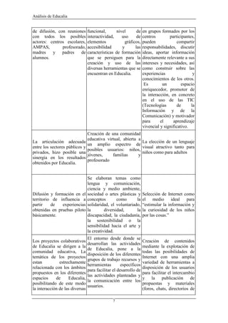 Análisis de Educalia


de difusión, con reuniones       funcional,      nivel       de    en grupos formados por los
con todos los posibles           interactividad,    uso      de    centros        participantes,
actores: centros escolares,      elementos            gráficos,    pueden              compartir
AMPAS,         profesorado,      accesibilidad      y       las    responsabilidades, discutir
madres    y    padres    de      características de formación      ideas, aportar información
alumnos.                         que se persiguen para la          directamente relevante a sus
                                 creación y uso de las             intereses y necesidades, así
                                 diversas herramientas que se      como construir sobre las
                                 encuentran en Educalia.           experiencias                y
                                                                   conocimientos de los otros.
                                                                    Es        un         espacio
                                                                   enriquecedor, promotor de
                                                                   la interacción, en concreto
                                                                   en el uso de las TIC
                                                                   (Tecnologías       de      la
                                                                   Información y de la
                                                                   Comunicación) y motivador
                                                                   para      el     aprendizaje
                                                                   vivencial y significativo.
                                 Creación de una comunidad
                                 educativa virtual, abierta a
La articulación adecuada                                      La elección de un lenguaje
                                 un amplio espectro de
entre los sectores públicos y                                 visual atractivo tanto para
                                 posibles usuarios: niños,
privados, hizo posible una                                    niños como para adultos
                                 jóvenes,     familias      y
sinergía en los resultados
                                 profesorado
obtenidos por Educalia.


                                 Se elaboran temas como
                                 lengua y comunicación,
                                 ciencia y medio ambiente,
Difusión y formación en el       sociedad o artes plásticas y      Selección de Internet como
territorio de influencia a       conceptos        como      la     el medio ideal para
partir    de   experiencias      solidaridad, el voluntariado,     “estimular la información y
obtenidas en pruebas piloto      la        diversidad,      la     la curiosidad de los niños
básicamente.                     discapacidad, la ciudadanía,      por las cosas.”
                                 la sostenibilidad o la
                                 sensibilidad hacia el arte y
                                 la creatividad.
                                 El entorno desde donde se
Los proyectos colaborativos                                        Creación de contenidos
                                 desarrollan las actividades
de Educalia se dirigen a la                                        mediante la explotación de
                                 de Educalia, pone a la
comunidad educativa, La                                            todas las posibilidades de
                                 disposición de los diferentes
temática de los proyectos                                          Internet con una amplia
                                 grupos de trabajo recursos y
estan          estrechamente                                       variedad de herramientas a
                                 herramientas        específicos
relacionada con los ámbitos                                        disposición de los usuarios
                                 para facilitar el desarrollo de
propuestos en los diferentes                                       para facilitar el intercambio
                                 las actividades planteadas y
espacios     de     Educalia,                                      y la       publicación     de
                                 la comunicación entre los
posibilitando de este modo                                         propuestas y materiales
                                 usuarios.
la interacción de las diversas                                     (foros, chats, directorios de

                                               7
 