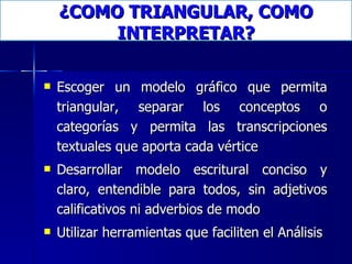 Escoger un modelo gráfico que permita triangular, separar los conceptos o categorías y permita las transcripciones textuales que aporta cada vértice  Desarrollar modelo escritural conciso y claro, entendible para todos, sin adjetivos calificativos ni adverbios de modo  Utilizar herramientas que faciliten el Análisis ¿COMO TRIANGULAR, COMO INTERPRETAR? 