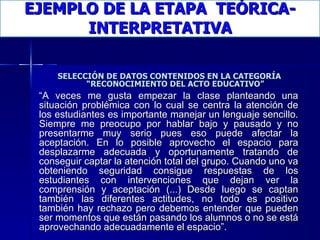EJEMPLO DE LA ETAPA  TEÓRICA-INTERPRETATIVA SELECCIÓN DE DATOS CONTENIDOS EN LA CATEGORÍA “RECONOCIMIENTO DEL ACTO EDUCATIVO” “ A veces me gusta empezar la clase planteando una situación problémica con lo cual se centra la atención de los estudiantes es importante manejar un lenguaje sencillo. Siempre me preocupo por hablar bajo y pausado y no presentarme muy serio pues eso puede afectar la aceptación. En lo posible aprovecho el espacio para desplazarme adecuada y oportunamente tratando de conseguir captar la atención total del grupo. Cuando uno va obteniendo seguridad consigue respuestas de los estudiantes con intervenciones que dejan ver la comprensión y aceptación (...) Desde luego se captan también las diferentes actitudes, no todo es positivo también hay rechazo pero debemos entender que pueden ser momentos que están pasando los alumnos o no se está aprovechando adecuadamente el espacio”.  