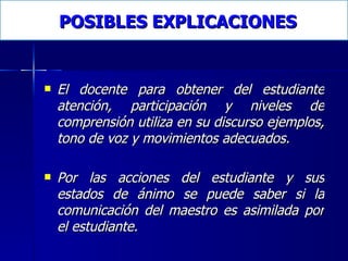 POSIBLES EXPLICACIONES El docente para obtener del estudiante atención, participación y niveles de comprensión utiliza en su discurso ejemplos, tono de voz y movimientos adecuados. Por las acciones del estudiante y sus estados de ánimo se puede saber si la comunicación del maestro es asimilada por el estudiante. 