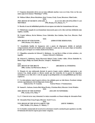 C= Suspenso demasiado obvio con un tema utilizado muchas veces en el cine. Esta vez fue una
mala copia de la famosa “Diabolique” (1954).
R= Melissa Gilbert, Bruce Boxleitner, Kate Vernon, Cicely Tyson, Directora: Mimi Leder.
XXX
3925- HOUSE OF SECRETS AND LIES, A (LA CASA DE LOS ENGAÑOS Y LAS
MENTIRAS 1992, Drama, USA, Buena, Tv, **
S= Reseña el caso de infidelidad psicótica de un esposo con todos los traumatismos del caso.
C= Melodrama cargado de un dramatismo innecesario pues en la vida real tiene definición más
rápida y sencilla.
R= Connie Sellecca, Kevin Dobson, Grace Zabriskie, Ken Jenkins, Stan Ivar, Director. Paul
Schneider.
XXX
6870- HOUSE OF STRANGERS (ODIO ENTRE HERMANOS)
1949, Drama, USA, Buena, **
S= Acaudalada familia de banqueros està a punto de disgregarse debido al malvado
comportamiento del jefe de familia quien manipula a cada uno de sus cuatro hijos en beneficio
propio, para así lograr ser el único dueño de los bienes.
C= Magnífica actuación de Edward G. Robinson , lo cual llevó el filme al éxito artístico y de
taquilla. Cannes: Edward G. Robinson.
R= Edward G. Robinson, Susan Hayward, Robert Conte, Luther Adler, Efrem Zimbalist Sr,
Debra Paget, Philip van Zandt, Director: Joseph L. Mankiewicz.
XXX
6651- HOUSE OF THE BRAVE (REGRESO AL INFIERNO)
2006, Acción, Usa/Marruecos, Buena, **
S= Después de una emboscada durante la guerra iraquí, cuatro soldados regresaron a sus
casasen Usa, donde pronto se dieron cuenta que los recuerdos de la guerra les impedían
acomodarse a su vida civil. A esto de agregó su predisposición a la susceptibilidad que los hace
explosivos.
C= La cinta plantea como la guerra afecta a los soldados para su vida futura. Excelente trabajo
actoral, especialmente el de la fulgurante Jessica Biel.
Globo de Oro: N= Canción. Festival Menor: 3 Nominaciones.
R= Samuel L. Jackson, Jessica Biel, Brian Presley, Christina Ricci, Director: Irwin Winkler.
XXX
4260- HOUSE OF THE DAMNED (ESCAPE TO NOWHERE)
1996, Acción, USA, Mala, **
S y C= Cinta de terror muy elemental. Lo único rescatable es el buen trabajo de Alexandra Paul.
R= Alexandra Paul, Greg Evigan, Director: Scott P. Levy.
XXX
5129- HOUSE OF THE SEVEN GABLES, THE (SIETE TORRES)
1940, Thriller, USA, Buena, N= Música, **
S= Un hombre enamorado de la novia de su hermano resuelve asesinarlo para quedarse con ella.
El fantasma del muerto regresa para tomar venganza.
 
