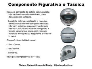Componente Figurativa e Tassica
Il casco è composto da: calotta esterna,calotta
   interna,rivestimento interno,visiera,prese
   d'aria,cinturino sottogola.
  La calotta esterna è realizzata in materiale
  termoplastico o in fibre composite,la calotta
  interna in polistirolo espanso,il rivestimento
  interno in poliuretano espanso accoppiato a
  tessuto traspirante e anallergico,visiera in
  materiale termoplastico trasparente e cinturino
  in nylon.
Ci sono 3 disponibilità di colore:
- bianco/rosso;
- nero/bianco;
- bianco/blu.
Il suo peso complessivo è di 1460 g.



                Tiziano Matteotti Industrial Design 1 Machina Institute
 