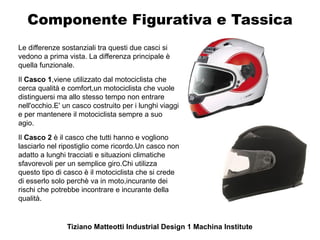 Componente Figurativa e Tassica
Le differenze sostanziali tra questi due casci si
vedono a prima vista. La differenza principale è
quella funzionale.
Il Casco 1,viene utilizzato dal motociclista che
cerca qualità e comfort,un motociclista che vuole
distinguersi ma allo stesso tempo non entrare
nell'occhio.E' un casco costruito per i lunghi viaggi
e per mantenere il motociclista sempre a suo
agio.
Il Casco 2 è il casco che tutti hanno e vogliono
lasciarlo nel ripostiglio come ricordo.Un casco non
adatto a lunghi tracciati e situazioni climatiche
sfavorevoli per un semplice giro.Chi utilizza
questo tipo di casco è il motociclista che si crede
di esserlo solo perchè va in moto,incurante dei
rischi che potrebbe incontrare e incurante della
qualità.


                Tiziano Matteotti Industrial Design 1 Machina Institute
 