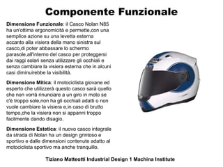 Componente Funzionale
Dimensione Funzionale: il Casco Nolan N85
ha un'ottima ergonomicità e permette,con una
semplice azione su una levetta esterna
accanto alla visiera della mano sinistra sul
casco,di poter abbassare lo schermo
parasole,all'interno del casco per proteggersi
dai raggi solari senza utilizzare gli occhiali e
senza cambiare la visiera esterna che in alcuni
casi diminuirebbe la visibilità.
Dimensione Mitica: il motociclista giovane ed
esperto che utilizzerà questo casco sarà quello
che non vorrà rinunciare a un giro in moto se
c'è troppo sole,non ha gli occhiali adatti o non
vuole cambiare la visiera e,in caso di brutto
tempo,che la visiera non si appanni troppo
facilmente dando disagio.
Dimensione Estetica: il nuovo casco integrale
da strada di Nolan ha un design grintoso e
sportivo e dalle dimensioni contenute adatto al
motociclista sportivo ma anche tranquillo.

                 Tiziano Matteotti Industrial Design 1 Machina Institute
 