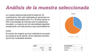 Análisis de la muestra seleccionada
La muestra seleccionada está formada por 30
cuestionarios. Han sido realizadas por personas con
una edad comprendida entre 15 y 34 años siendo un
20% el porcentaje de menores que ha realizado la
encuesta. La mayoría son de nacionalidad española
exceptuando una sola persona cuya nacionalidad es
sueca.
El número de mujeres que han realizado la encuesta
se compone de 20 siendo 10 los restantes hombres
que la han contestado también.
 