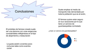 Conclusiones
El prototipo de famoso creado suele
ser una persona con unas exigencias
considerables reflejándose en el tipo
de alojamiento y restauración
Le gusta asistir a eventos poco
comunes tales como eventos
coctel
Suele emplear el medio de
transporte más demandado por
toda la población que es el avión.
El famoso quiere estar seguro
en sus vacaciones por lo que
tiene un servicio de
guardaespaldas contratado
 