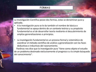 FORMAS

La Investigación Científica posee dos formas, estas se denominan pura y
aplicada.
• A la investigación pura se le da también el nombre de básica o
fundamental se apoya dentro de un contexto teórico y su propósito
fundamental es el de desarrollar teoría mediante el descubrimiento de
amplias generalizaciones o principios.

• La investigación fundamental es un proceso formal y sistemático de
coordinar el método científico de análisis y generalización con las fases
deductivas e inductivas del razonamiento.
Pardinas nos dice que la investigación pura "tiene como objeto el estudio
de un problema destinado exclusivamente al progreso o a la simple búsqueda
del conocimiento".

 