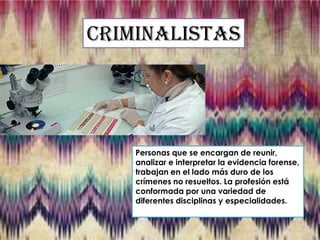 Criminalistas

Personas que se encargan de reunir,
analizar e interpretar la evidencia forense,
trabajan en el lado más duro de los
crímenes no resueltos. La profesión está
conformada por una variedad de
diferentes disciplinas y especialidades.

 