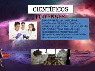 Científicos
forenses

Esencialmente, una armada de
expertos científicos, los científicos
forenses se especializan en todo, desde
odontología hasta insectos. Es su
experiencia científica y su juicio
profesional, lo que ayuda a conformar
el cuerpo de la evidencia.

 