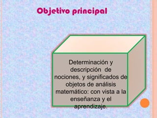 Objetivo principalDeterminación y descripción  de nociones, y significados de objetos de análisis matemático: con vista a la enseñanza y el aprendizaje.  