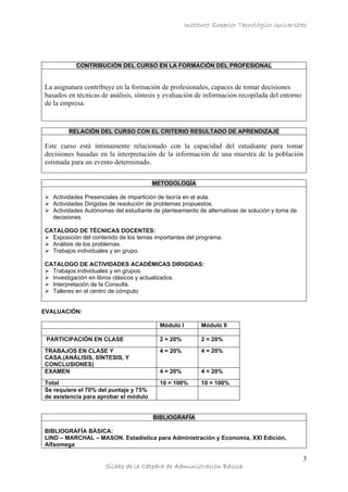 Instituto Superior Tecnológico Universitec
3
Sílabo de la Cátedra de Administración Básica
CONTRIBUCIÓN DEL CURSO EN LA FORMACIÓN DEL PROFESIONAL
La asignatura contribuye en la formación de profesionales, capaces de tomar decisiones
basados en técnicas de análisis, síntesis y evaluación de información recopilada del entorno
de la empresa.
RELACIÓN DEL CURSO CON EL CRITERIO RESULTADO DE APRENDIZAJE
Este curso está íntimamente relacionado con la capacidad del estudiante para tomar
decisiones basadas en la interpretación de la información de una muestra de la población
estimada para un evento determinado.
METODOLOGÍA
 Actividades Presenciales de impartición de teoría en el aula.
 Actividades Dirigidas de resolución de problemas propuestos.
 Actividades Autónomas del estudiante de planteamiento de alternativas de solución y toma de
decisiones.
CATALOGO DE TÉCNICAS DOCENTES:
 Exposición del contenido de los temas importantes del programa.
 Análisis de los problemas.
 Trabajos individuales y en grupo.
CATALOGO DE ACTIVIDADES ACADÉMICAS DIRIGIDAS:
 Trabajos individuales y en grupos.
 Investigación en libros clásicos y actualizados.
 Interpretación de la Consulta.
 Talleres en el centro de cómputo
EVALUACIÓN:
Módulo I Módulo II
PARTICIPACIÓN EN CLASE 2 = 20% 2 = 20%
TRABAJOS EN CLASE Y
CASA.(ANÁLISIS, SÍNTESIS, Y
CONCLUSIONES)
4 = 20% 4 = 20%
EXAMEN 4 = 20% 4 = 20%
Total 10 = 100% 10 = 100%
Se requiere el 70% del puntaje y 75%
de asistencia para aprobar el módulo
BIBLIOGRAFÍA
BIBLIOGRAFÍA BÁSICA:
LIND – MARCHAL – MASON. Estadística para Administración y Economía, XXI Edición,
Alfaomega
 