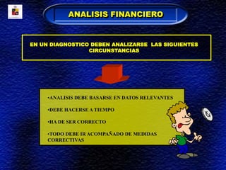 •ANALISIS DEBE BASARSE EN DATOS RELEVANTES
•DEBE HACERSE A TIEMPO
•HA DE SER CORRECTO
•TODO DEBE IR ACOMPAÑADO DE MEDIDAS
CORRECTIVAS
ANALISIS FINANCIERO
EN UN DIAGNOSTICO DEBEN ANALIZARSE LAS SIGUIENTES
CIRCUNSTANCIAS
 