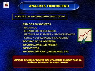 FUENTES DE INFORMACIÓN CUANTITATIVA
• ESTADOS FINANCIEROS
BALANCES
ESTADOS DE RESULTADOS
ESTADOS DE FUENTES Y USOS DE FONDOS
NOTAS A LOS ESTADOS FINANCIEROS
• REVISTAS DE LA INDUSTRIA
• INFORMACIONES DE PRENSA
• PROSPECTOS
• INFORMACIÓN ORAL; REUNIONES, ETC.
MUCHAS DE ESTAS FUENTES SON UTILIZADAS TAMBIÉN PARA EL
ANÁLISIS DE ASPECTOS CUALITATIVOS
ANALISIS FINANCIERO
 