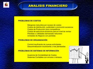 PROBLEMAS DE COSTOS
Márgenes reducidos por exceso de costos
Costos de distribución, publicidad o promoción excesivos
Costos de Producción poco competitivos
Costos de estructura excesivos para el nivel de ventas
Pérdidas o Utilidades demasiado reducidos
Unidades de Negocio con perdidas
PROBLEMAS DE ORGANIZACIÓN
Control insuficiente de nuevas actividades
Descentralización insuficiente o mal planteadas
PROBLEMAS DE SISTEMAS DE INFORMACIÓN
Ausencia de Contabilidad de Costos
Sistemas Contables con errores o retrasos.
ANALISIS FINANCIERO
 