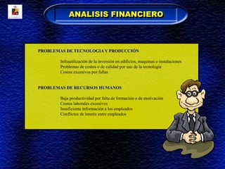 PROBLEMAS DE TECNOLOGIA Y PRODUCCIÓN
Infrautilización de la inversión en edificios, maquinas o instalaciones
Problemas de costos o de calidad por uso de la tecnología
Costos excesivos por fallas
PROBLEMAS DE RECURSOS HUMANOS
Baja productividad por falta de formación o de motivación
Costos laborales excesivos
Insuficiente información a los empleados
Conflictos de interés entre empleados
ANALISIS FINANCIERO
 