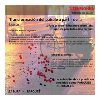 INTENSIONES
                                                                              Territorio de acción

Transformación del paisaje a partir de la
basura             La idea es crear el basurero sobre Talca
Solución Materia orgánica:
                                                          que sea percibido como parques
- 49,3% del total de basura reciclable es materia orgánica
- A partir del tratamiento de COMPOSTAJE se puede llegar a reducir la cantidad de acopio de basura
y convertirse en tierra fértil tanto para plantas como cultivos
Proceso: se crea un manto de materia orgánica con una altura aproximada a 1,5 mts. Intercalada cada
30 cm la altura se recubre con una fina capa de estiércol para facilitar el aireado y humedad del Compost.




                                                      Solución Escombros:

                                                      - Por el hecho de que el traslado de escombros debe
                                                      ser un trayecto corto debido a que para hacerlo
    Lo sobrante
                                                      existen normativas la idea es no removerlos sino que
                                                      a partir del lugar en el que se encuentran darle una
                                                      nueva utilización.




                                                           Lo sobrante ahora puede ser
                                                           percibido como PARQUES
                                                           RESIDUALES
BASURA = PARQUES
 