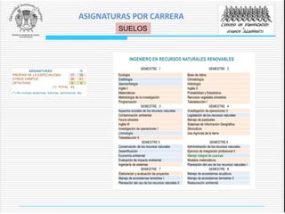 INGENIERO EN RECURSOS NATURALES RENOVABLES
SEMESTRE 1 SEMESTRE 2
Ecología Base de datos
Edafología Climatología
Geomorfología Hidrología
Inglés I Inglés II
Matemáticas Probabilidad y Estadística
Metodología de la investigación Recursos vegetales silvestres
Programación Teledetección I
SEMESTRE 3 SEMESTRE 4
Aspectos sociales de los recursos naturales Investigación de operaciones II
Contaminación ambiental Legislación de los recursos naturales
Fauna silvestre Manejo de pastizales
Inglés III Sistemas de Información Geográfica
Investigación de operaciones I Silvicultura
Limnología Uso Agrícola de la tierra
Teledetección II
SEMESTRE 5 SEMESTRE 6
Conservación de los recursos naturales Administración de los recursos naturales
Desertificación Ejercicio de integración profesional II
Economía ambiental Manejo integral de cuencas
Evaluación de impacto ambiental Modelos matemáticos
Ingeniería de sistemas Planeación del uso de los recursos naturales I
SEMESTRE 7 SEMESTRE 8
Elaboración y evaluación de proyectos Manejo de ecosistemas acuáticos
Manejo de ecosistemas terrestres I Manejo de ecosistemas terrestres II
Planeación del uso de los recursos naturales II Restauración ambiental
ASIGNATURAS %
PROPIAS DE LA ESPECIALIDAD 17 39
OTROS CAMPOS 26 61
OPTATIVAS 0 0
(*) TOTAL 43
(*) No incluye estancias, tutorías, seminarios, etc.
SUELOS
ASIGNATURAS POR CARRERA
 