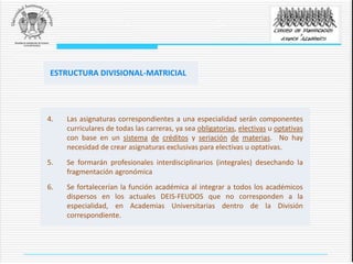 4. Las asignaturas correspondientes a una especialidad serán componentes
curriculares de todas las carreras, ya sea obligatorias, electivas u optativas
con base en un sistema de créditos y seriación de materias. No hay
necesidad de crear asignaturas exclusivas para electivas u optativas.
5. Se formarán profesionales interdisciplinarios (integrales) desechando la
fragmentación agronómica
6. Se fortalecerían la función académica al integrar a todos los académicos
dispersos en los actuales DEIS-FEUDOS que no corresponden a la
especialidad, en Academias Universitarias dentro de la División
correspondiente.
ESTRUCTURA DIVISIONAL-MATRICIAL
 