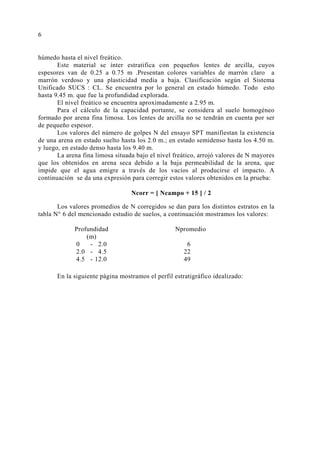 húmedo hasta el nivel freático.
Este material se ínter estratifica con pequeños lentes de arcilla, cuyos
espesores van de 0.25 a 0.75 m .Presentan colores variables de marrón claro a
marrón verdoso y una plasticidad media a baja. Clasificación según el Sistema
Unificado SUCS : CL. Se encuentra por lo general en estado húmedo. Todo esto
hasta 9.45 m. que fue la profundidad explorada.
El nivel freático se encuentra aproximadamente a 2.95 m.
Para el cálculo de la capacidad portante, se considera al suelo homogéneo
formado por arena fina limosa. Los lentes de arcilla no se tendrán en cuenta por ser
de pequeño espesor.
Los valores del número de golpes N del ensayo SPT manifiestan la existencia
de una arena en estado suelto hasta los 2.0 m.; en estado semidenso hasta los 4.50 m.
y luego, en estado denso hasta los 9.40 m.
La arena fina limosa situada bajo el nivel freático, arrojó valores de N mayores
que los obtenidos en arena seca debido a la baja permeabilidad de la arena, que
impide que el agua emigre a través de los vacíos al producirse el impacto. A
continuación se da una expresión para corregir estos valores obtenidos en la prueba:
Ncorr = [ Ncampo + 15 ] / 2
Los valores promedios de N corregidos se dan para los distintos estratos en la
tabla N° 6 del mencionado estudio de suelos, a continuación mostramos los valores:
Profundidad Npromedio
(m)
0 - 2.0 6
2.0 - 4.5 22
4.5 - 12.0 49
En la siguiente página mostramos el perfil estratigráfico idealizado:
6
 
